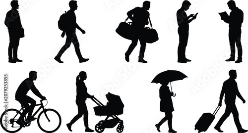 Canvastavla Set of commuter silhouettes walking riding bicycle pulling luggage stroller and