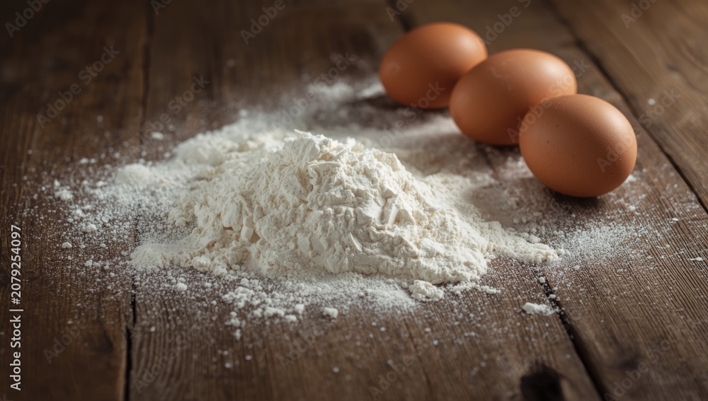 Fototapeta premium Flour and eggs on a wooden table surface