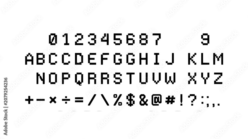 Obraz premium Digital Display of Alphanumeric Characters and Symbols in a Pixelated Font Featuring Typeface, Text, Numbers with Letters