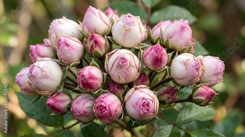 Beautiful bouquet of pink rose buds in a garden