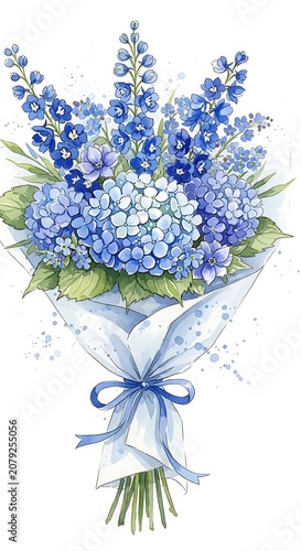 Elegant Blue Flower Bouquet Wrapped in White Paper on Clean Background