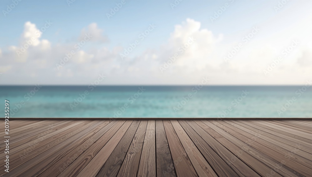 Fototapeta premium Outdoor tropical deck with wooden flooring and softly blurred sea under a relaxing sky