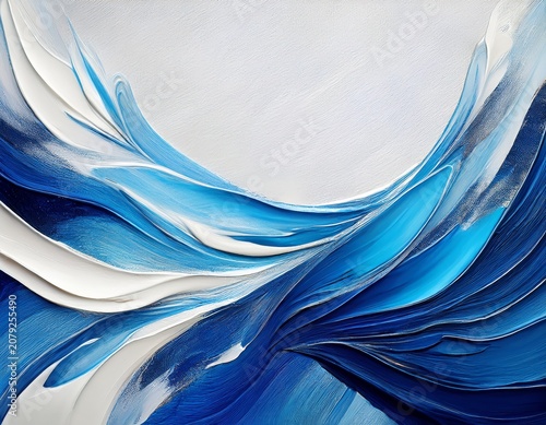 textured blue and white abstract brushstrokes create a sense of motion