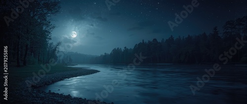 Quiet night with moonlight illuminating a gently moving river in a serene outdoor scene