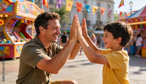 Father and son giving high five at a city fair. Happy man and young boy celebrating at a carnival. Family bonding and fun at an outdoor festival