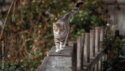 Nimble domestic cat stepping across narrow garden barrier