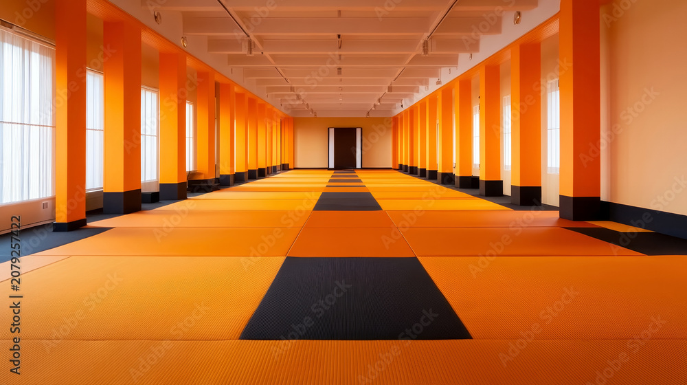 Obraz premium A long corridor with orange walls and black and orange flooring creates a striking minimalist design