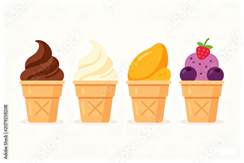 Flat Vector Ice Cream Cones Set, Four Flavors Isolated on White
