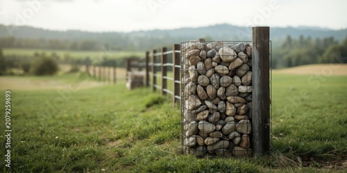 Stone-filled fence post along a grassy field