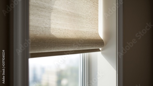 Interior window with detailed double roller shades close up