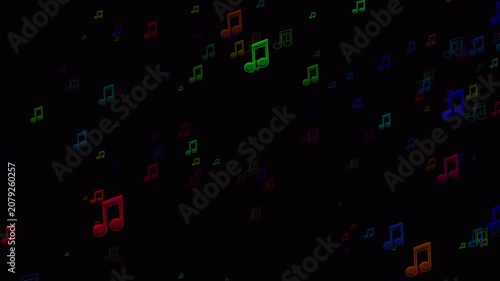 Animated colorful music note symbols float through a dark background, creating a looping particle effect with alpha channel for creative projects.