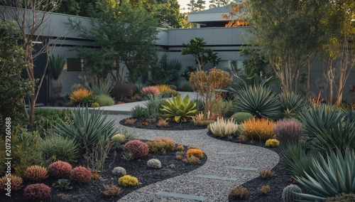 Modern design inspired residential garden with colorful succulents and gravel trails