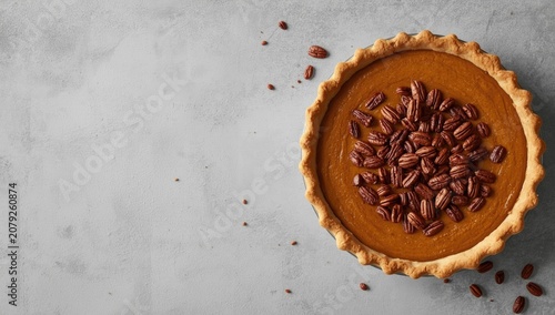 Pecan pie with pecans on a gray background