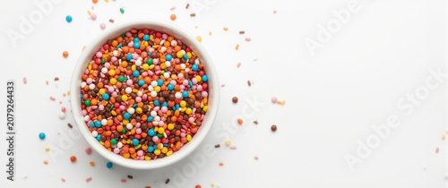 white bowl filled with assorted chocolate sprinkles in bright colors isolated on clean white surface