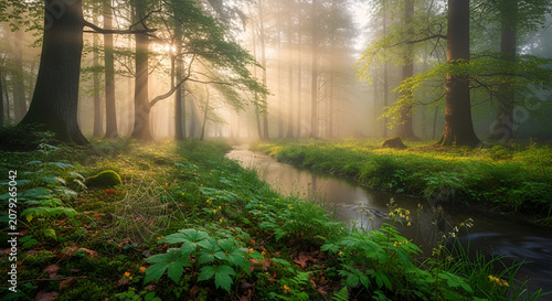 Sunlit forest stream in morning mist and lush green woods