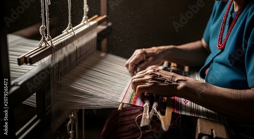 Elderly woman hands weaving traditional colorful fabric on wooden loom in rustic setting with dramatic natural lighting