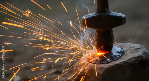 Blacksmith hammer striking glowing hot metal on stone anvil with bright orange sparks flying in a dark workshop