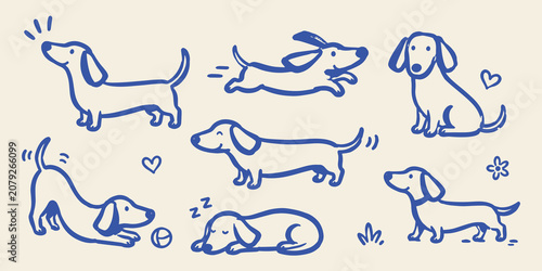 Canvas Print Dachshund Dogs Doodle Set Vector Illustration