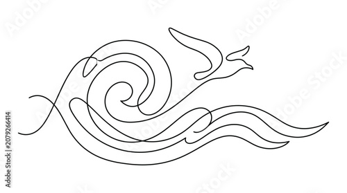 Minimalist line art of a bird flying over abstract ocean waves