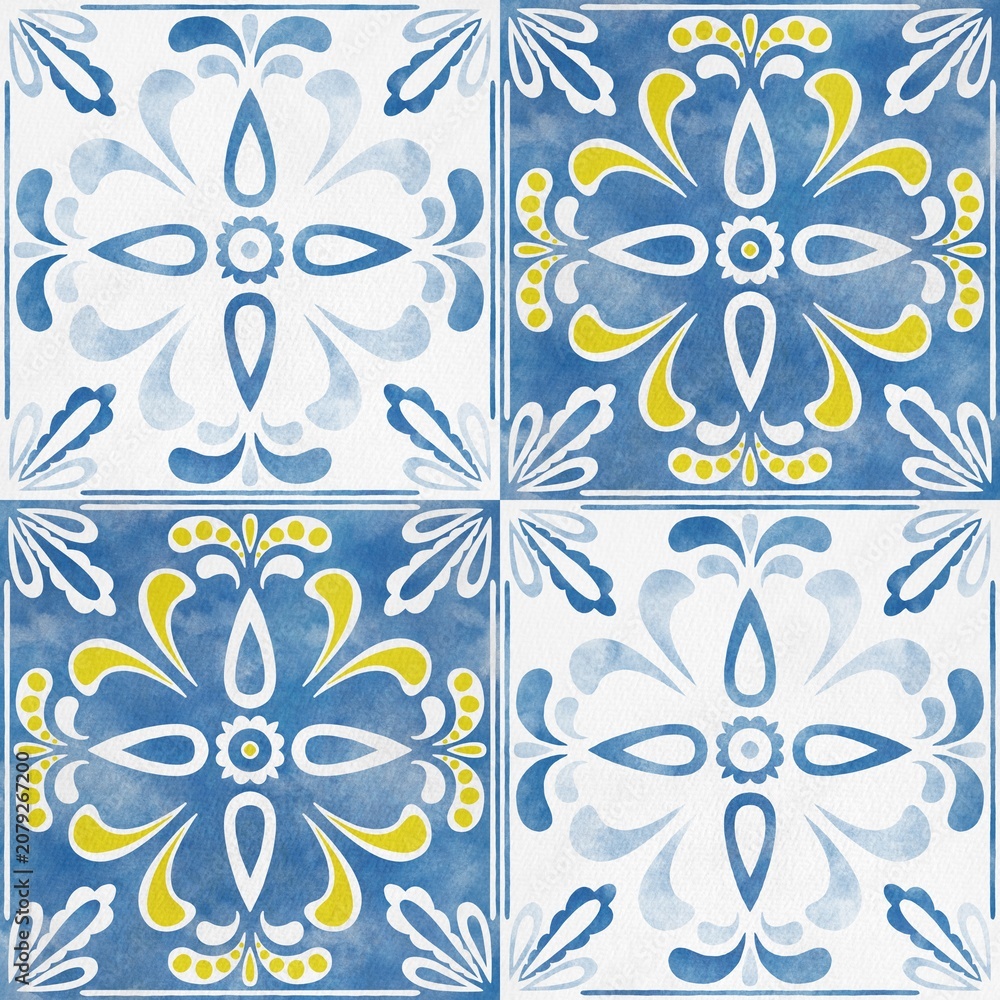Fototapeta premium Decorative ceramic tiles showcase intricate floral designs in blue, white, and yellow, arranged in a symmetrical pattern suitable for various interior applications
