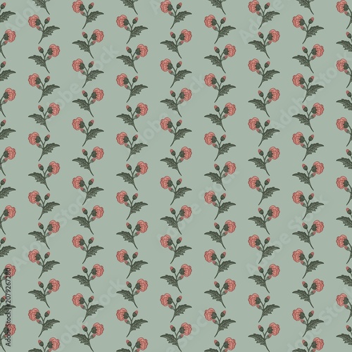 Floral pattern design featuring red roses and green leaves on a light blue background, suitable for textiles, wallpapers, and various decorative applications