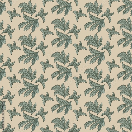Repeating botanical pattern featuring intricate green leaves on a soft beige background, suitable for textile design, wallpaper, or decorative applications