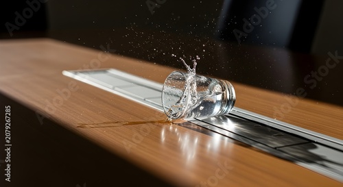 Water glass spilling on a wooden boardroom table with integrated power strip creating a dramatic splash