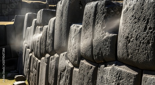 Close up of massive ancient Inca stone wall in Sacsayhuaman Cusco Peru with sunlight flares and grey textures
