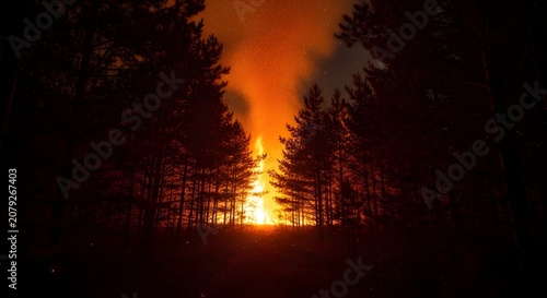 Large bonfire burning in a dark pine forest at night under a starry sky
