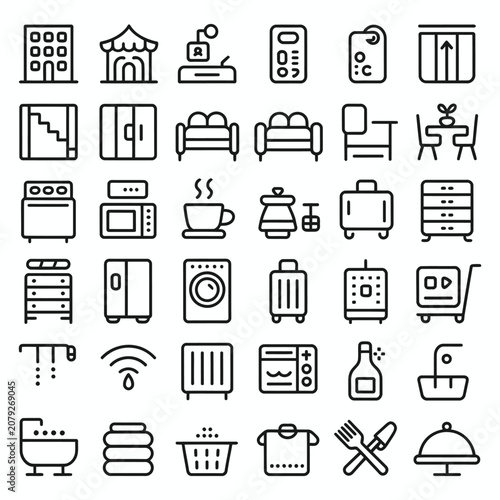 Household Line Icons Set – Home Appliances, Furniture and Rooms Outline Vector