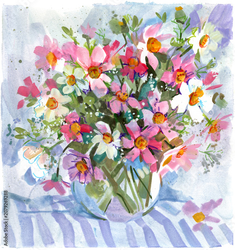 Hand-painted gouache bouquet of colorful wildflowers in a glass vase, suitable for greeting cards, posters, prints, home decor, and floral-themed projects.