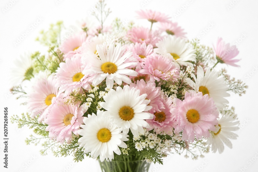 Fototapeta premium A delicate bouquet of daisies against a pristine white background, radiating simplicity and elegance.