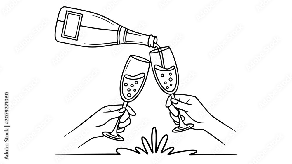 Obraz premium A black and white line drawing of two hands clinking wine glasses with a bottle pouring