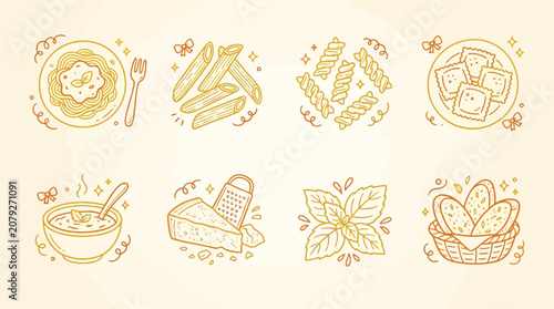 Foto A collection of hand-drawn Italian food illustrations featuring various pasta types, cheese, basil, bread, and soup in a warm doodle style