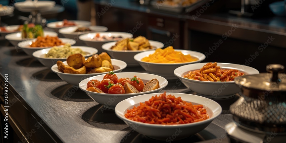 Obraz premium Party catering buffet display of assorted cuisine with reserved copyspace for text