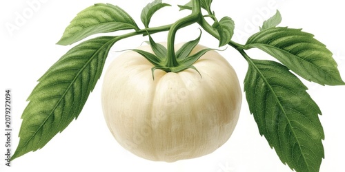 White isolated hand drawn tomato with detailed green leaves and stems