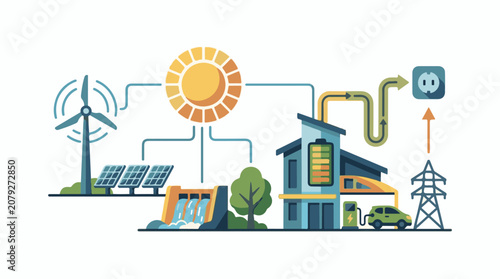 Graphic illustration showcasing sustainable power generation and distribution