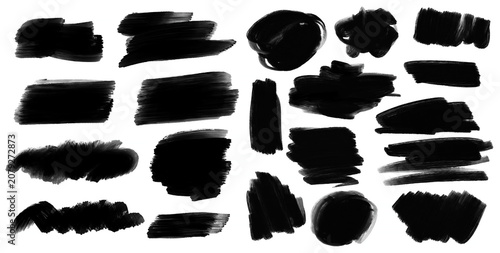 Black raster brush strokes set with realistic paint texture. Bold ink smears and rough marks, ideal for overlays, banners, backgrounds, and expressive graphic design.