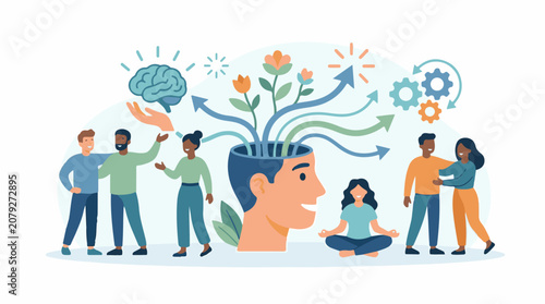 Illustration of people around a head with a brain and flowers