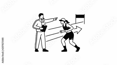 Man points to running woman athlete.