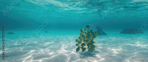 Underwater scene with fish swimming near sandy seabed
