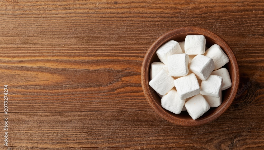Fototapeta premium Marshmallows in a wooden bowl on a rustic table