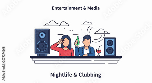 Two people at a bar with speakers drinks and clouds overhead