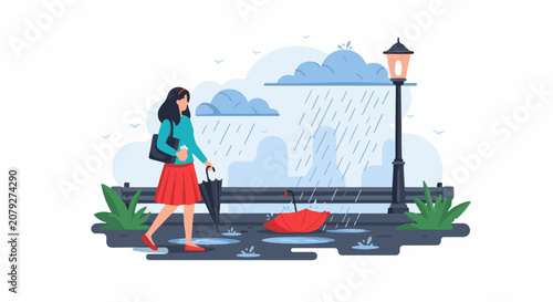 Woman walks in rain past open umbrella and lamppost