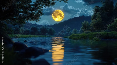 A glowing moon reflecting over a clean river, symbolizing a waste-free, tranquil night
