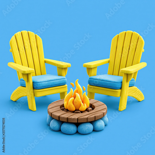 Cute 3D plasticine clay illustration of two yellow adirondack chairs around a campfire isolated on a blue background created with Generative AI Technology, ai, generative