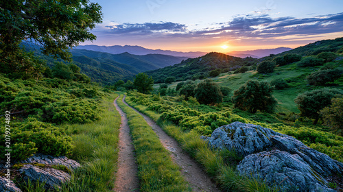 Beautiful landscape photo of a winding dirt road through lush green rolling hills at sunset created with Generative AI Technology, ai, generative