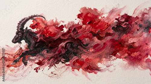 Black goat leaping in vibrant red watercolor splash background