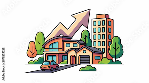 A colorful illustration of a suburban home with a car trees and a skyscraper