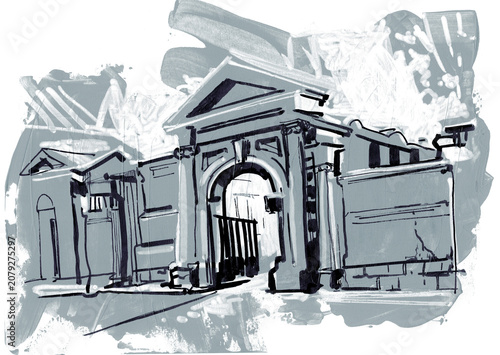 Expressive monochrome ink illustration of a historic architectural gate with arches. Loose brush and line sketch with textured background, graphic urban drawing style